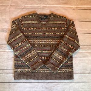 Fair Isle V Neck Sweater Wool Hand Knit Multicolor